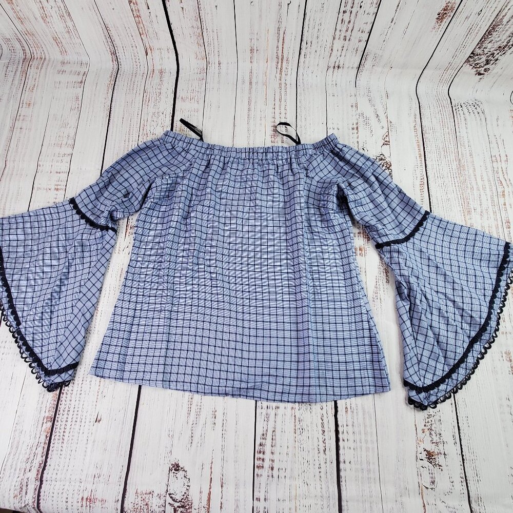 Doe & Rae Flare Sleeve Top Womens Large Blue Plaid Short Off The Shoulder Boho